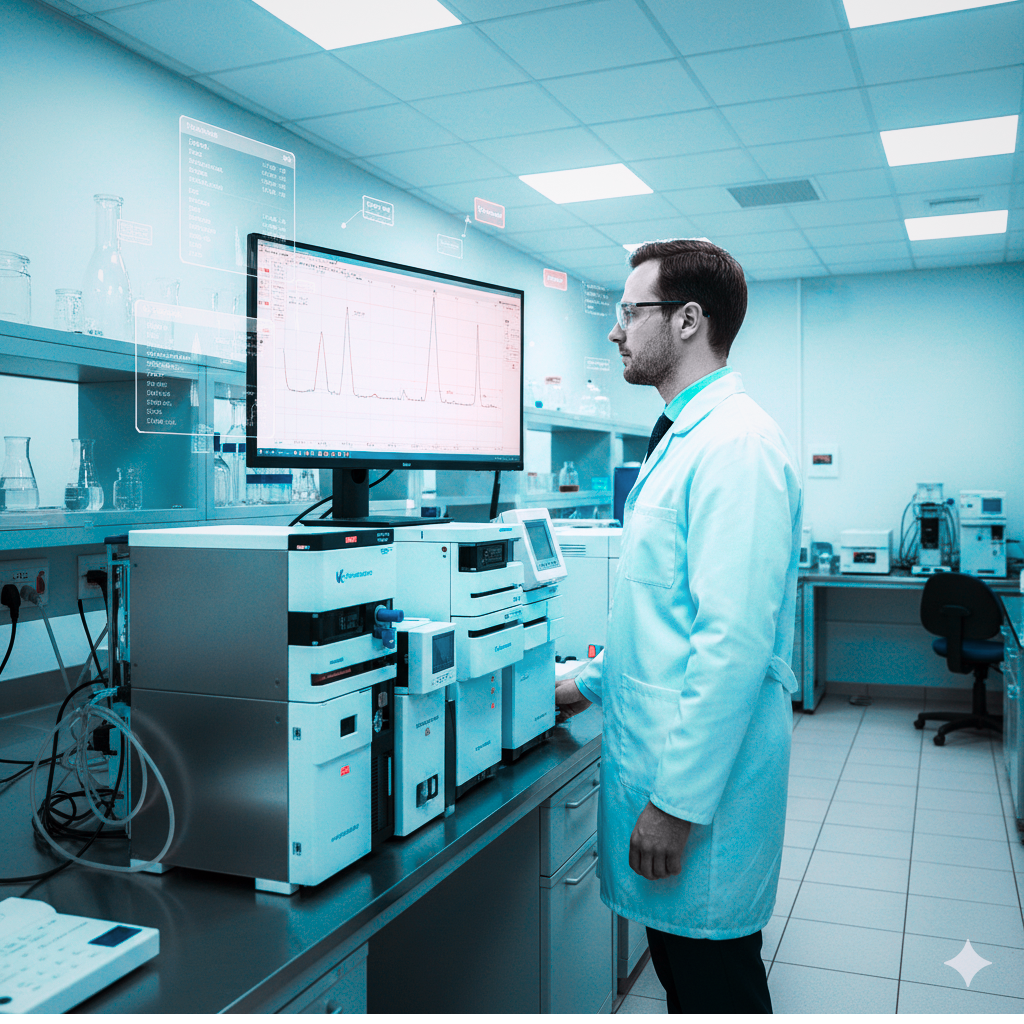 Light-skinned pharmaceutical QC analyst reviewing HPLC chromatogram data on a computer monitor in a modern GxP-compliant laboratory.