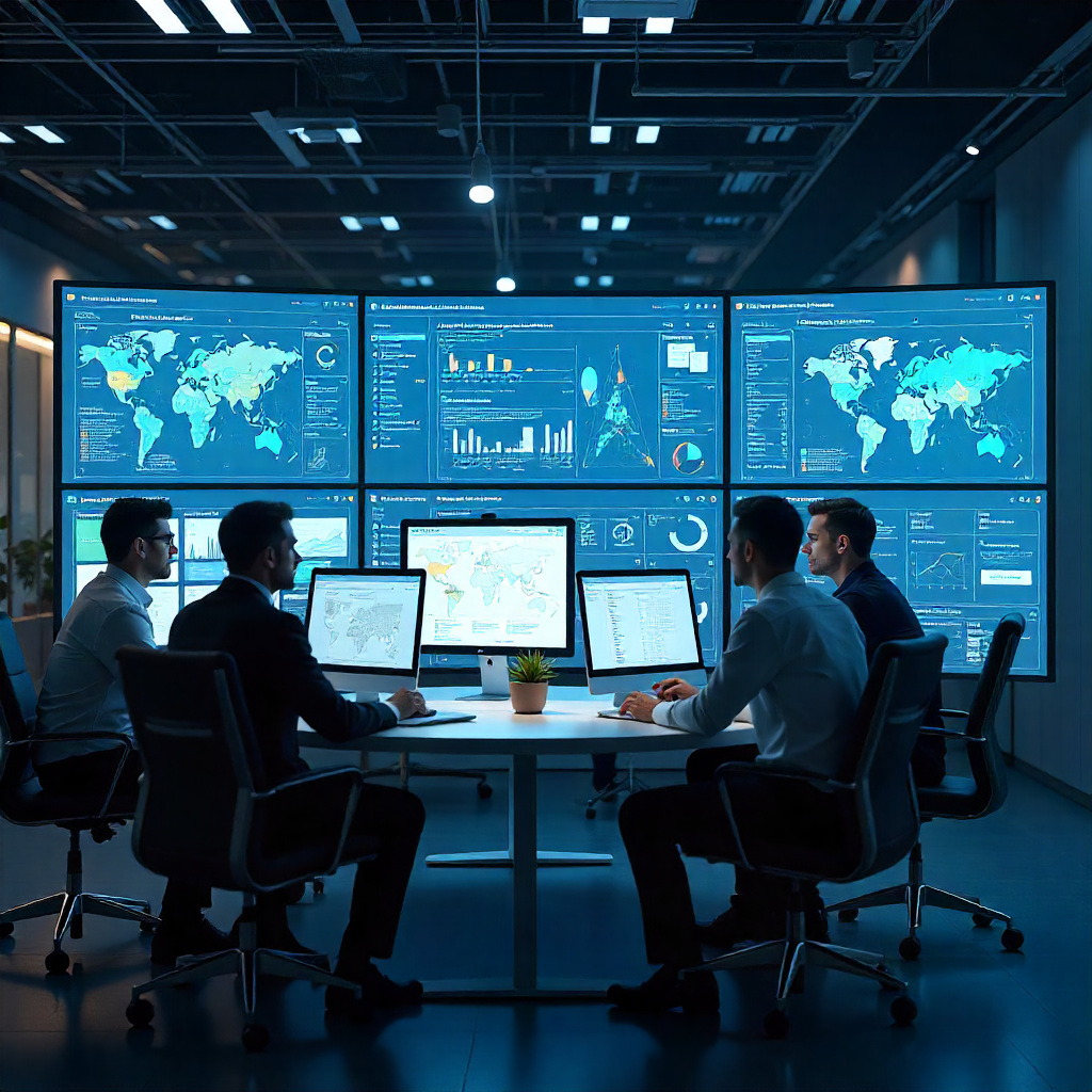 A modern enterprise data environment inside a large banking organization. A team of data scientists and analysts collaborating around screens showing data flows, dashboards, and sandbox environments. Focus on Sandbox visualization