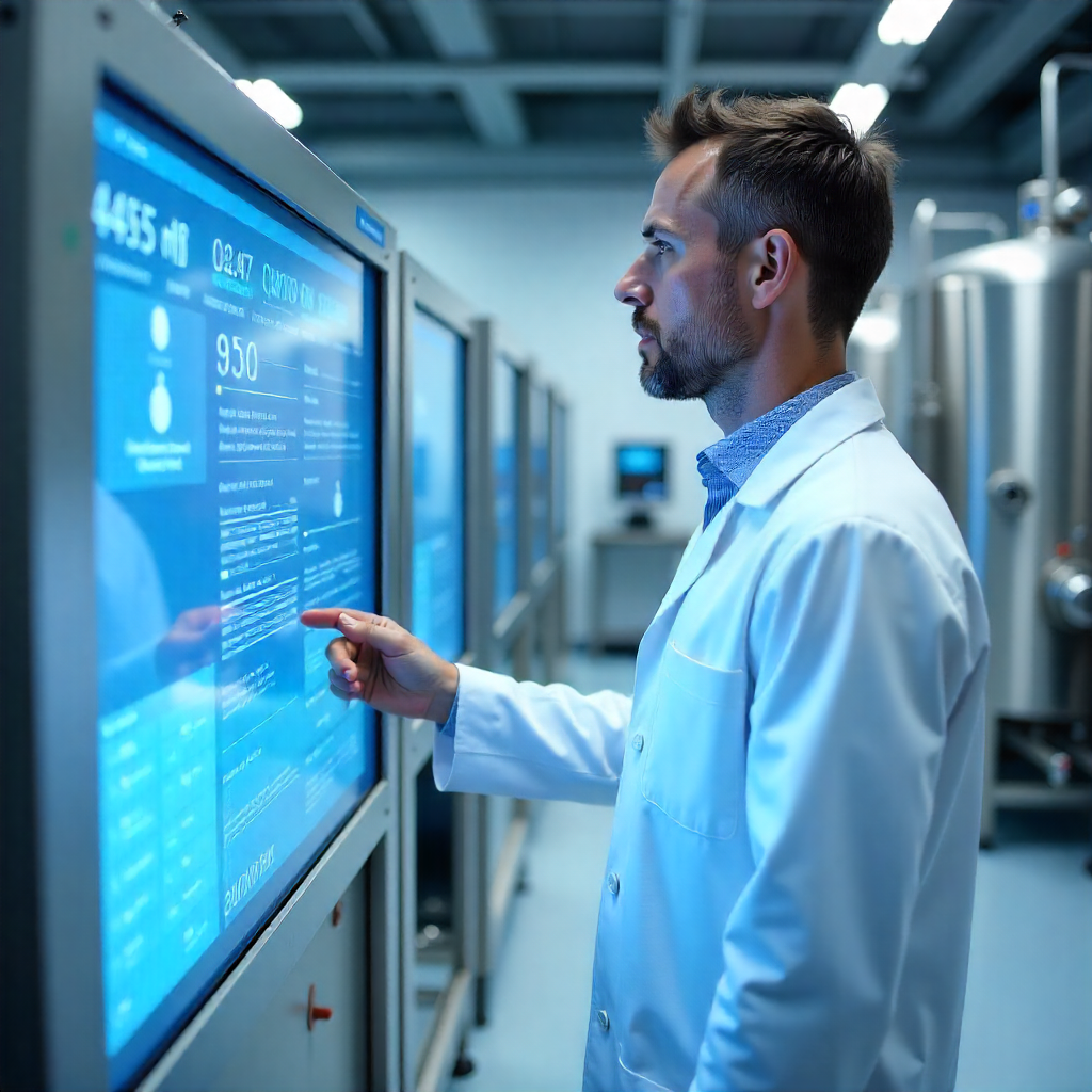Light-skinned bioprocess engineer reviewing real-time OPC process data on a digital control panel in a modern biopharmaceutical production facility.