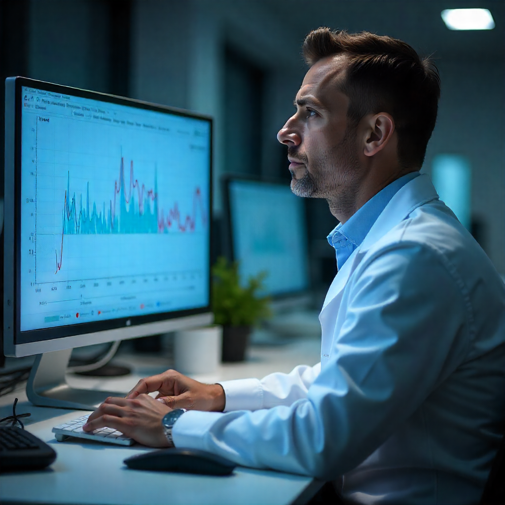 Light-skinned pharmaceutical QC analyst reviewing chromatographic data on a computer monitor in a modern GxP-compliant laboratory. Using Netilab connector for Empower data integration.