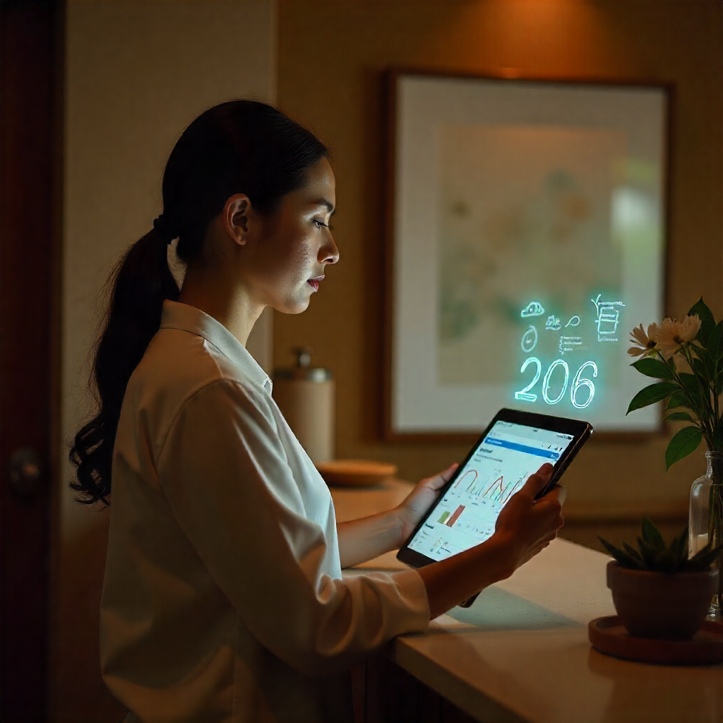 Wellness and spa manager viewing a digital loyalty dashboard with customer profiles and personalized offers.