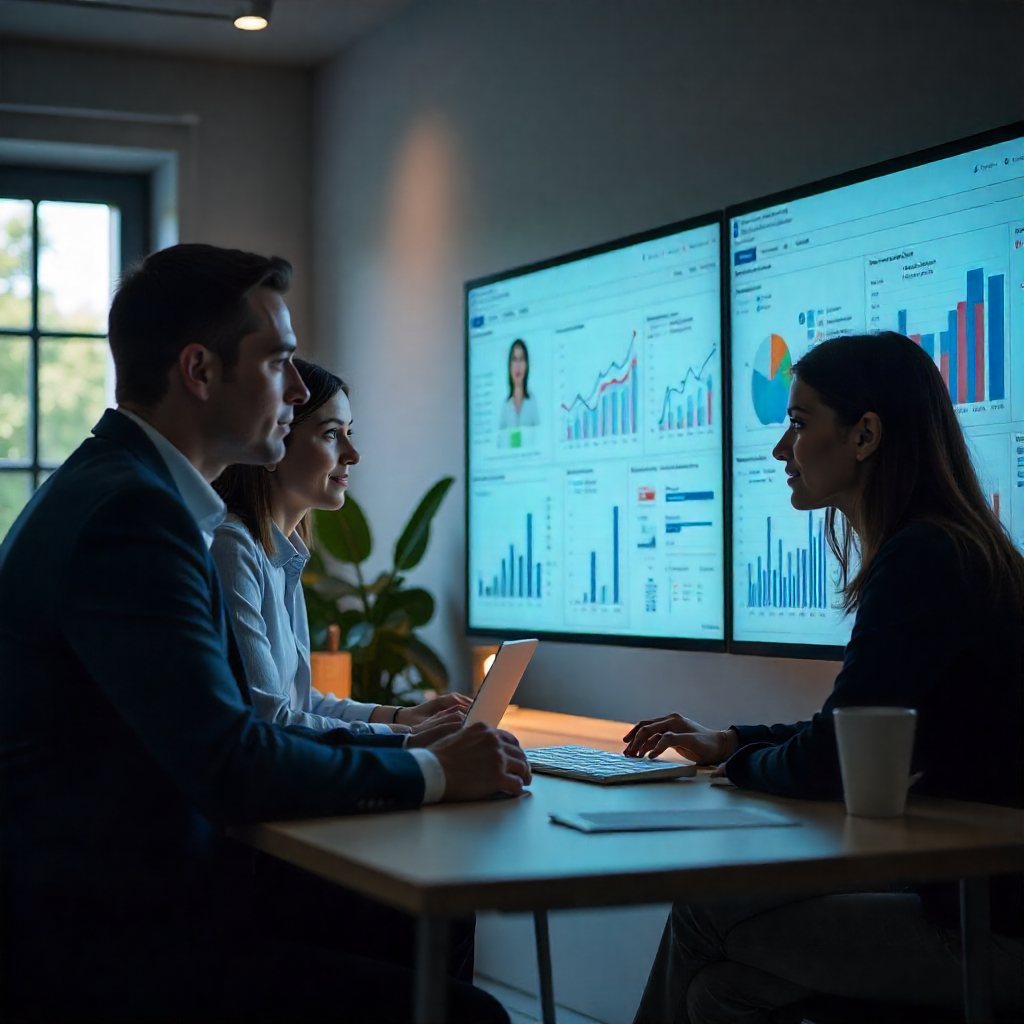 HR manager reviewing automated candidate assessment results on a digital dashboard.